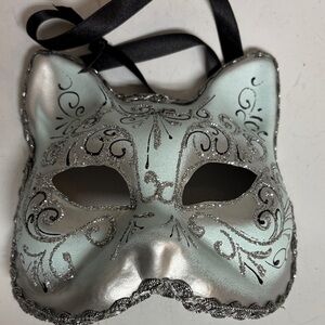 Venetian Hand Painted Silver Cat Mask with Black Ribbon
